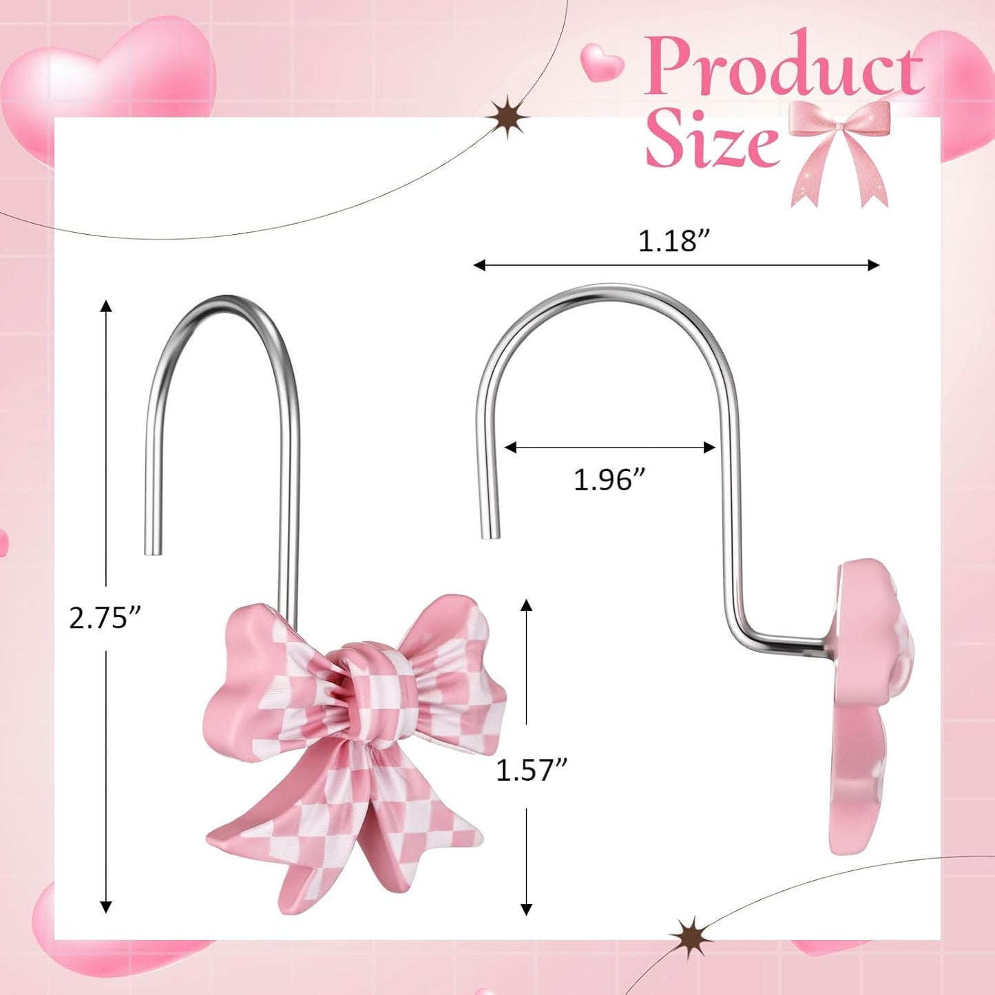 Sliner 12 Pcs Bow Shape Shower Curtain Hooks, Gingham Checkered Pattern Bowknot Curtain Rings with Rust-Proof Finish, Decorative Hooks for Bathroom Window Drapes, Cute Home Decor(Pink,White)