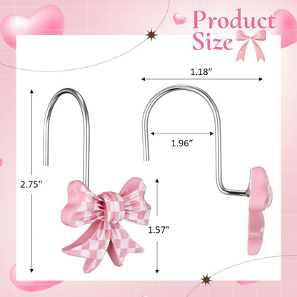 Sliner 12 Pcs Bow Shape Shower Curtain Hooks, Gingham Checkered Pattern Bowknot Curtain Rings with Rust-Proof Finish, Decorative Hooks for Bathroom Window Drapes, Cute Home Decor(Pink,White)