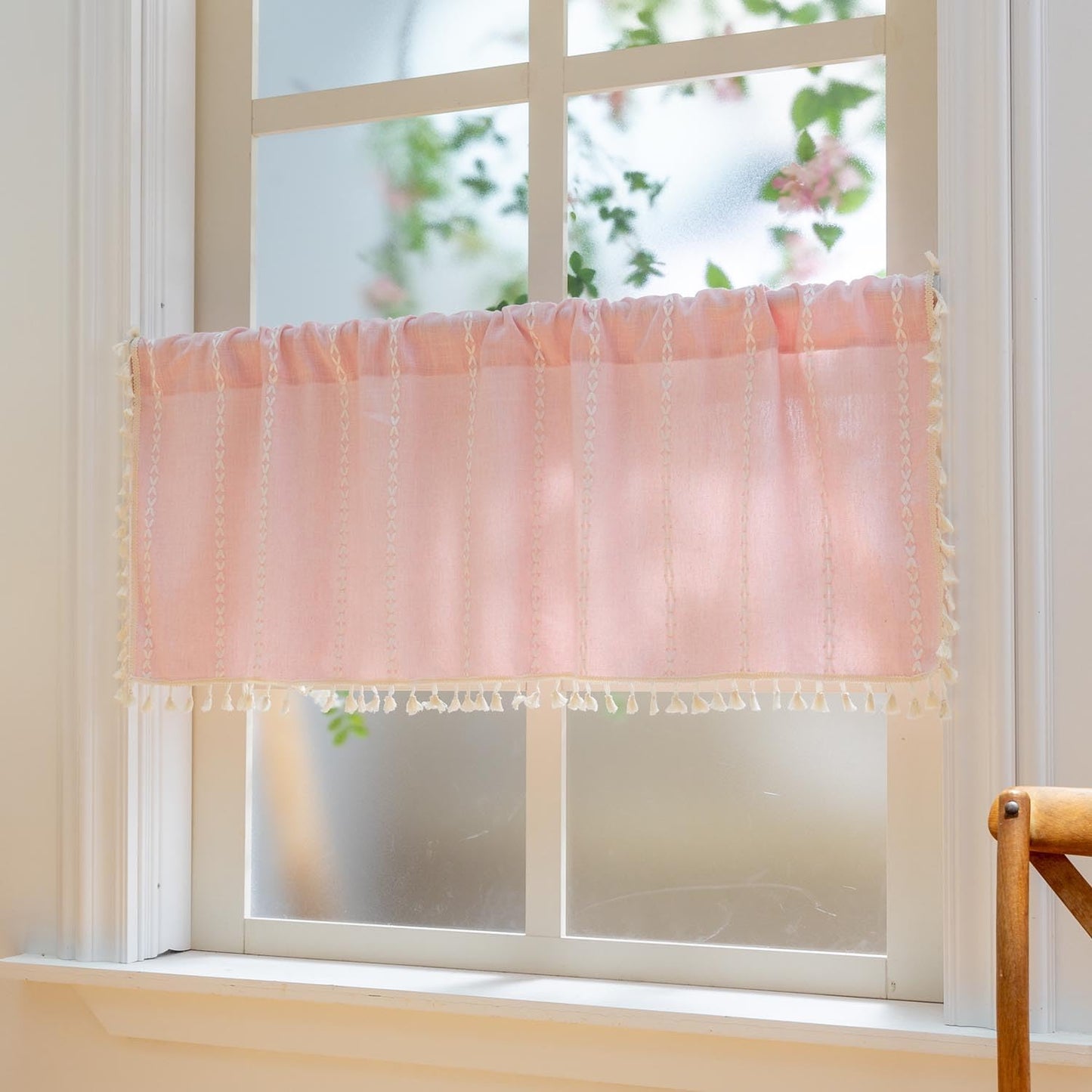 Pink Farmhouse Boho Curtains - 1 Panel Bohemian Short Cafe Window Curtains with Tassels, Semi Blackout Striped Tier and Valance for Kitchen Bathroom, Rod Pocket, Pink, 52" W x 18" L
