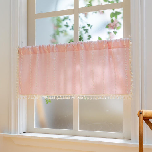 Pink Farmhouse Boho Curtains - 1 Panel Bohemian Short Cafe Window Curtains with Tassels, Semi Blackout Striped Tier and Valance for Kitchen Bathroom, Rod Pocket, Pink, 52" W x 18" L