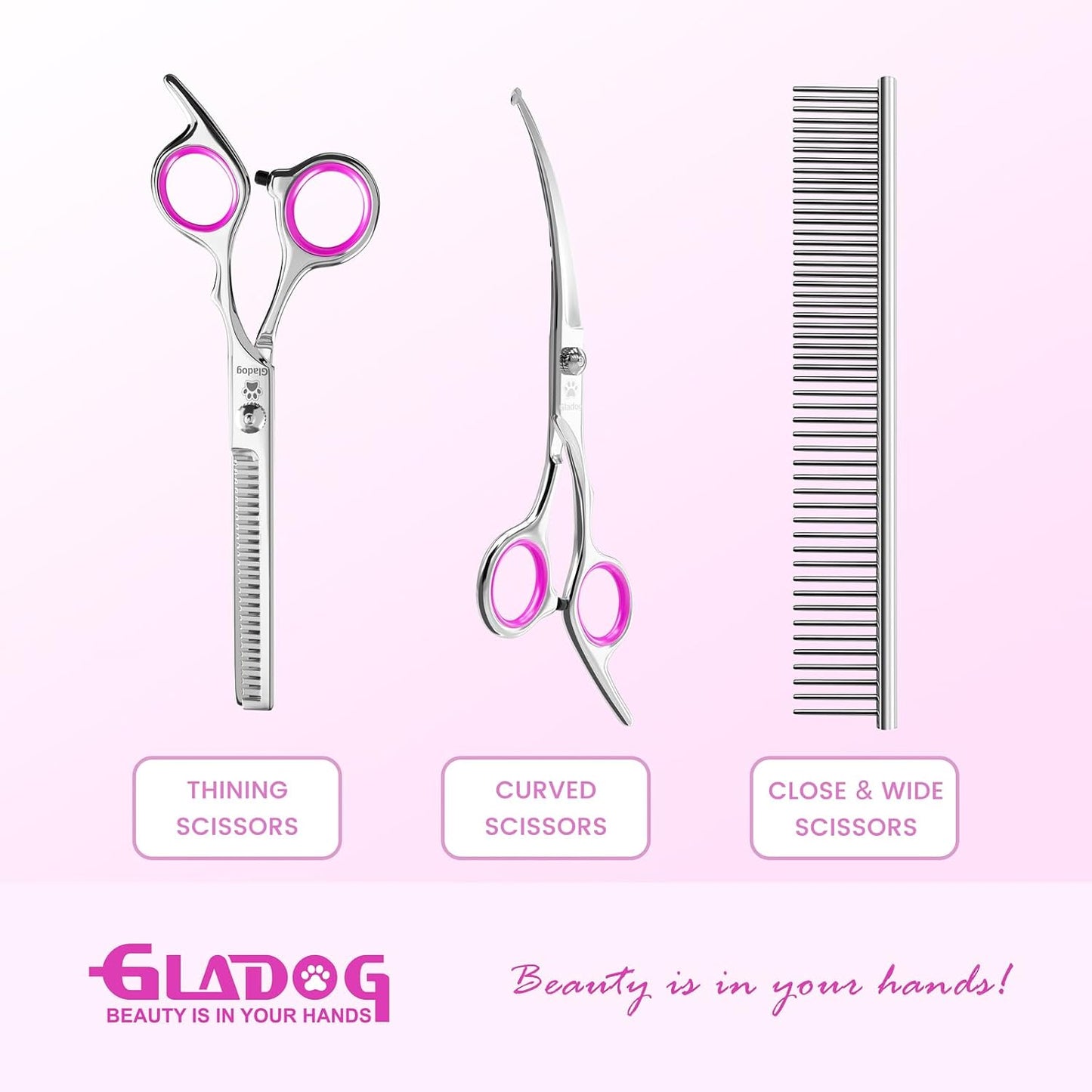 GLADOG Professional 4 in 1 Dog Grooming Scissors Set with Safety Round Tips, Sharp and Heavy-duty Pet Grooming Shears for Cats (Pink)