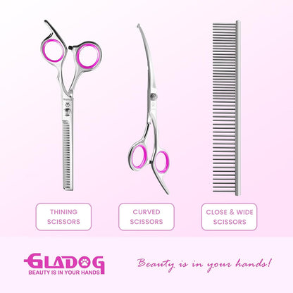 GLADOG Professional 4 in 1 Dog Grooming Scissors Set with Safety Round Tips, Sharp and Heavy-duty Pet Grooming Shears for Cats (Pink)