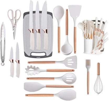 19 Pieces Kitchen Cooking Utensils and Knife Set with Holder Block, Include 11 Pcs Silicone Cooking Utensils 5 Pcs Sharp Stainless Steel Knives Scissors Whisk Tongs and Cutting Board (PINK)