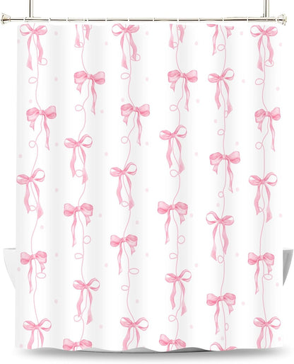 Pink Bow Shower Curtain, Girly Cute Coquette Preppy Aesthetic for Teens Girls Bathroom Decor Curtains with 12 Hooks, 72x72 inches