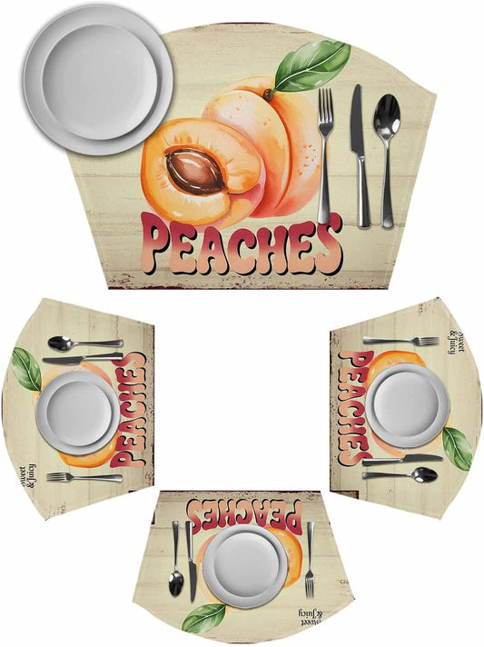 Round Table Placemat Wedge Placemats Set of 4,Farmhouse Peaches Vintage Style Placemat Washable Table Mats,Country Fruit Wood Texture Fan Shaped Place Mats for Kitchen Dinner Party Decor