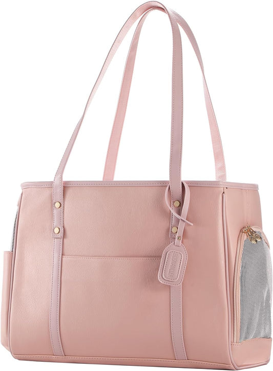 Fashion Dog Carrier Purse, Premium Leather Cat Carrier Bag, Airline Approved Soft Sided Pet Travel Tote Bag with Pockets Pink