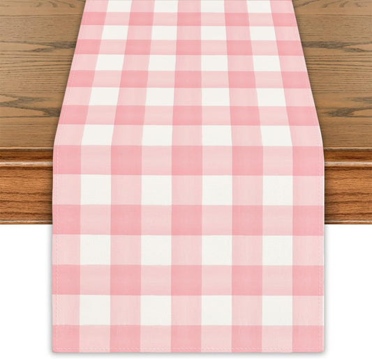 Pink White Buffalo Checked Plaid Table Runner Pink Gingham Table Cover Watercolor Spring Summer Easter Decor Spring Decorations for Simple Life Home Party