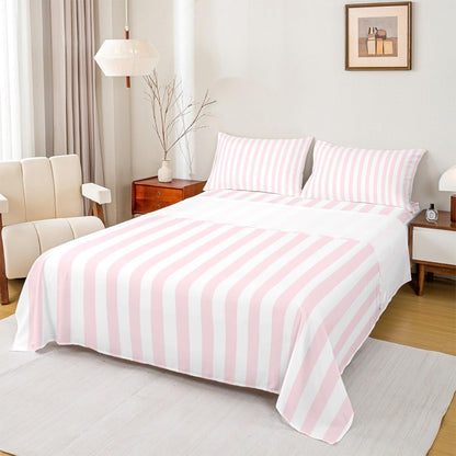 Feelyou White Pink Striped Bed Sheets Set Full Size Striped Deep Pocket Fitted Sheet Geometric Bedding Sets Basic Simple Soft Bed Set 4Pcs with 2 Pillow Cases