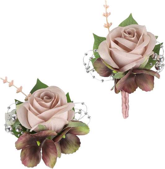 Pink Corsage and Boutonniere Set, Boutonniere for Men, Wrist Corsage Bracelets Rose Buttonholes Suit Decoration for Prom, Wedding, Party, Bride, Bridesmaids(Pink)