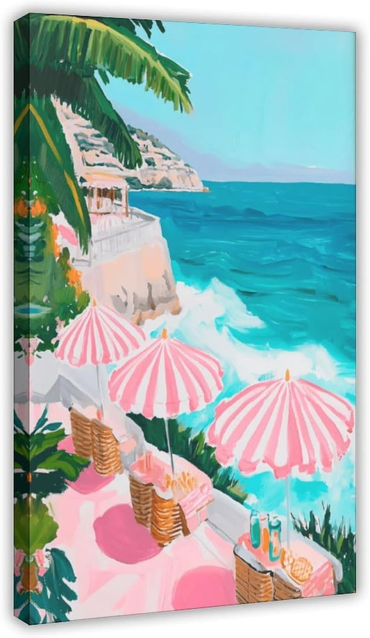 Pink Beach Umbrella Coastal Wall Art Pastel Ocean Canvas Print for Girly Apartment Bedroom Decor, Retro Mediterranean Vacation Poster for Cute Aesthetic Preppy Room Aesthetics