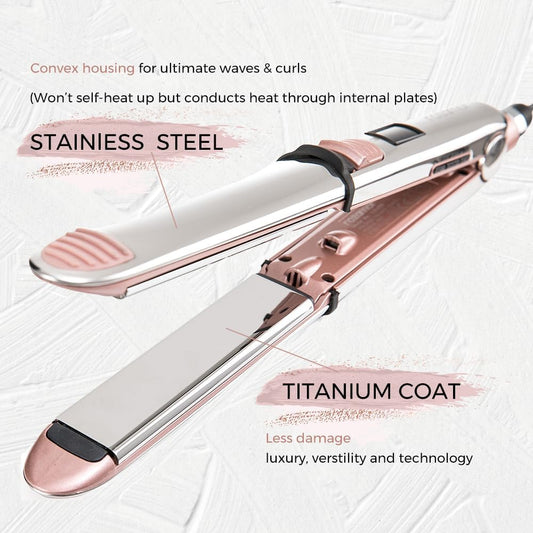 Rozamor 2-in-1 Titanium Ionic Flat Iron,Professional Hair Straightener & Curler, Fast Heating, Dual Voltage, Pink, for All Hair Types