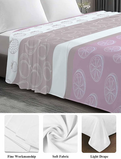 Farm Fruits Flat Sheets Only Queen Size, Soft Breathable Bed Top Sheets for Mattress, Watermelon Lemons Peach Pink Grey Striped Luxury Bedding Flat Sheets for Home Hotel Bedroom Bed Protection
