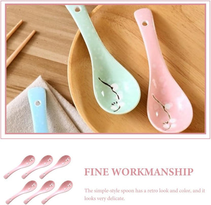 6pcs Japanese Ceramic Porridge Spoons Pink Small Soup Spoons Household Kitchen Utensils for Dining and Restaurant Use