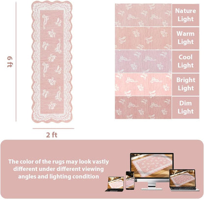 ORTIGIA Pink Scalloped Runner Rug 2x6, Washable Low Pile Non Slip Bathroom Rug with Bow for Hallway Bath Kitchen Bedroom Dorm Living Room Home Indoor Decor