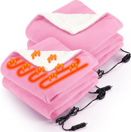 HunnmingRe 2 Pack Heated Car Blanket,12 Volt 3 Heating Levels 60" X 43" Electric Blanket Adjustable Temperature Portable Heated Throw for Car SUV RV Camping Winter Cold Weather (Pink)