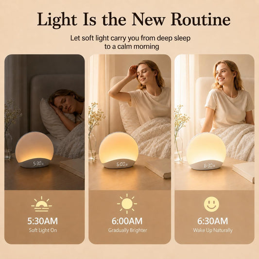 REACHER Sound Machine Sunrise Alarm Clock with Night Light, 26 Nature Inspired Sleep Sounds, 0-100% Dimmable Clock, Sunrise Lamp, Wake Up Light, Brown/Pink/White Noise Machine for Babys, Adults, Kids