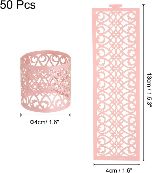 uxcell 50Pcs Napkin Rings Laser Cut Foil Paper, Napkin Holder Hollow Napkin Bands for Weddings Party Serviette Table Decoration Restaurant (Pink, 5.3 x 1.6)