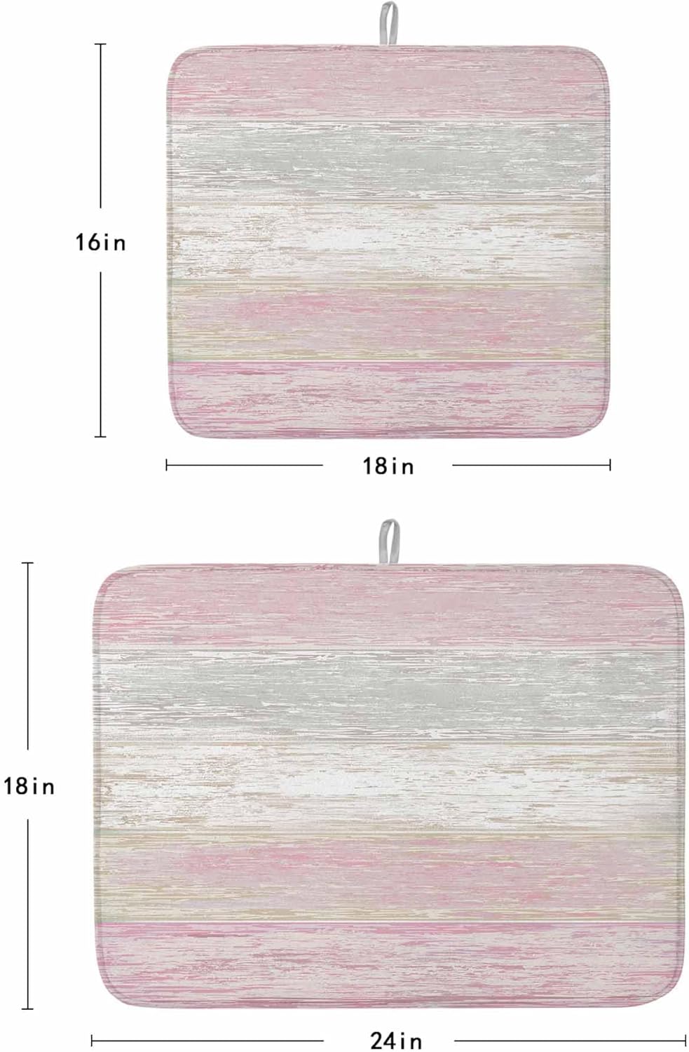 Pink Gray Dish Drying Mat 2 Pack, White Gradient Rustic Striped Minimalist Country Absorbent Heat Insulating Kitchen Drying Pad Drainer Mats for Sink Counter Pot Dishes 16 X 18 Inch