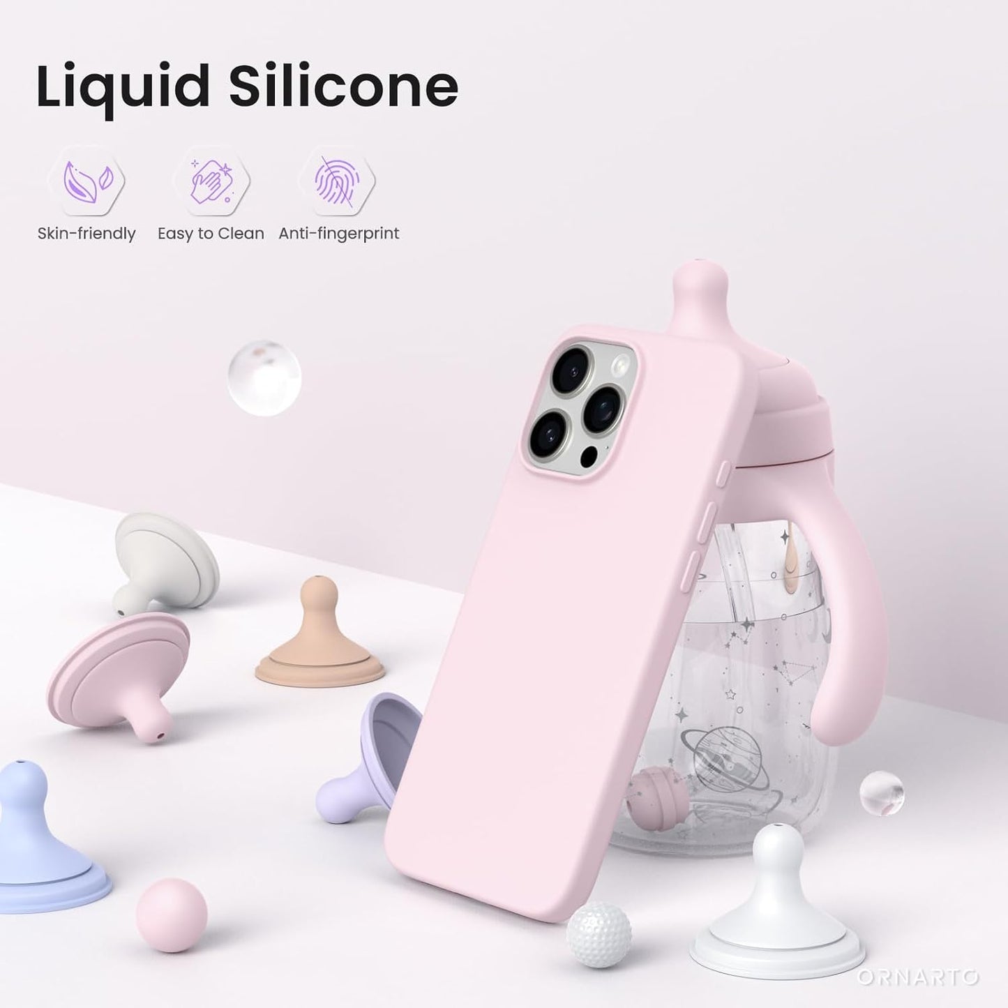 ORNARTO Compatible with iPhone 16 Pro Max Case 6.9", Slim Liquid Silicone 3 Layers Soft Gel Rubber Shockproof Protective Cover with Anti-Scratch Microfiber Lining-Chalk Pink