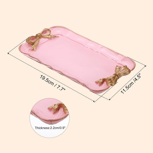 PATIKIL Vintage Decorative Tray Towel Tray, Storage Tray Dish Plate Fruit Trays Cosmetics Jewelry Organizer Retro Design Bow-Knot Rectangle Resin Plate for Room Decorative Gift, Pink