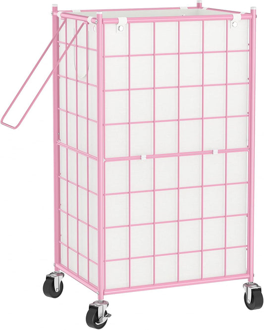 WOWLIVE Laundry Hamper with Wheels,Metal Wire Frame Rolling Laundry Basket with Removable bag,100L Dirty Clothes Hamper Organizer Dorm Room Storage for Bedroom,Bathroom,Pink