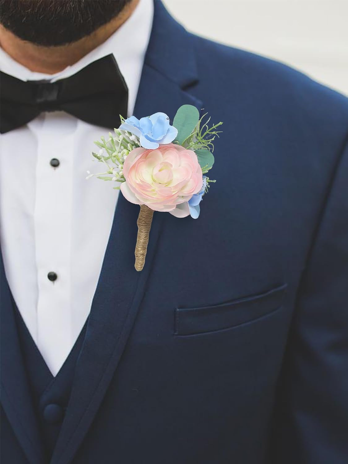 Rinlong 2Pcs Pink Blue Boutonnieres with Pins for Men, Groom, Groomsmen | Wedding, Prom, Homecoming