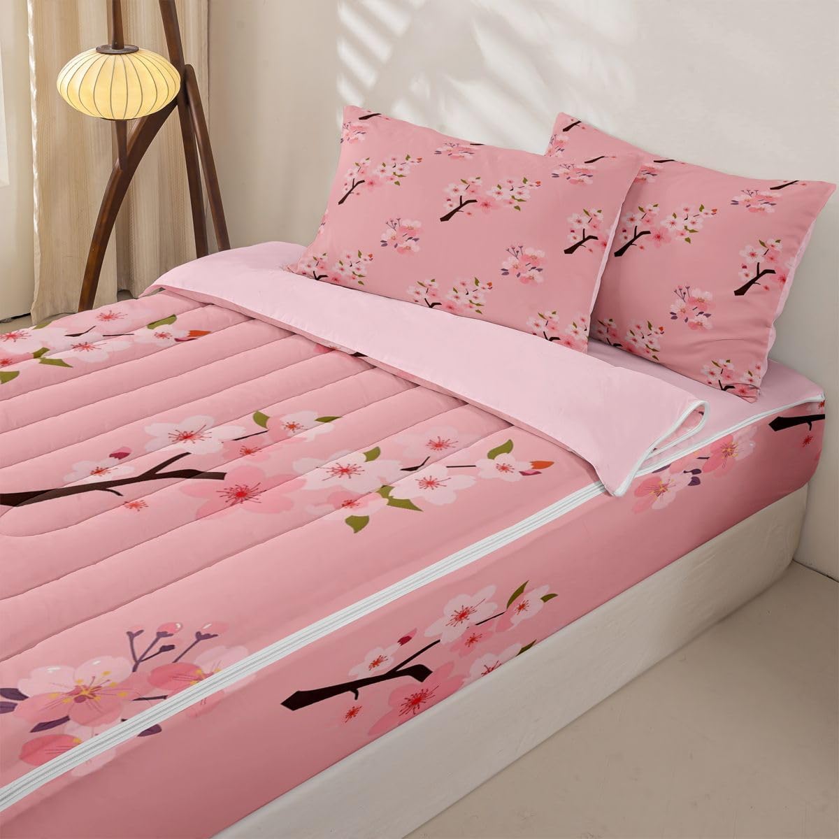 Erosebridal Floral Zipper Bedding Set Twin Cherry Blossom Zip Up Comforter Set with Sheets Peach Blossoms Branches Hand Drawn Bed in a Bag Cute Girly Pink Flowers Bed Sets with 2 Pillowcases