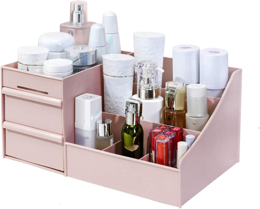 Makeup Organizer for Vanity— Bathroom Countertop Cosmetics Organizer with Drawers for Lipstick, Brushes, Lotions, Eyeshadow, Nail Polish and Jewelry (Pink)