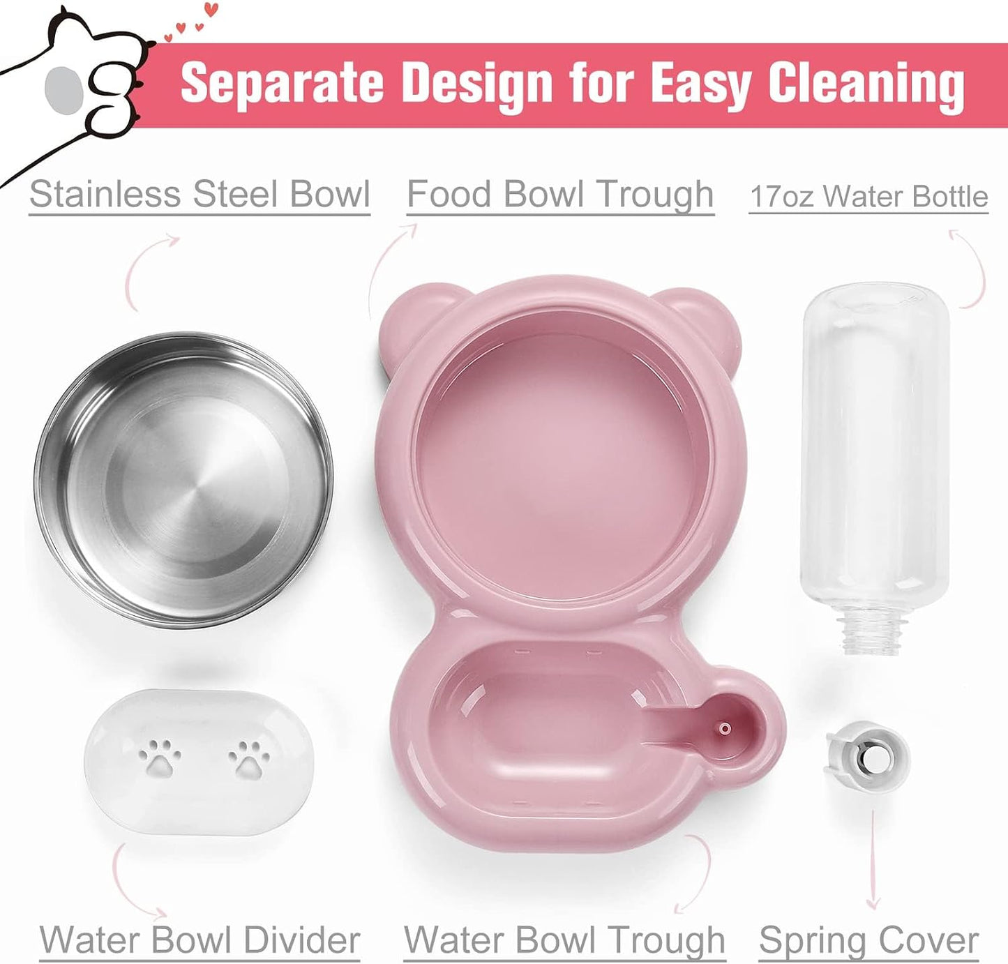 Double Dog Cat Bowls, Cat Food and Water Bowl Set with Auto-Water Dispenser and Stainless Steel Bowl Feeder for Small Size Dogs & Cats, Anti-Slip & Splash Design, Cute Pink