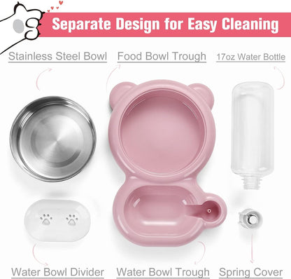 Double Dog Cat Bowls, Cat Food and Water Bowl Set with Auto-Water Dispenser and Stainless Steel Bowl Feeder for Small Size Dogs & Cats, Anti-Slip & Splash Design, Cute Pink
