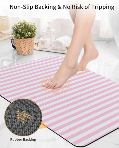 Pink White Stripe Bath Mat for Tub,Modern Minimalist Geometric Striped Non Slip Bathroom Floor Runner Rug Quick Dry & Absorbent Diatomaceous Earth Shower Sink Bedroom Kitchen Doormat 16"x24"