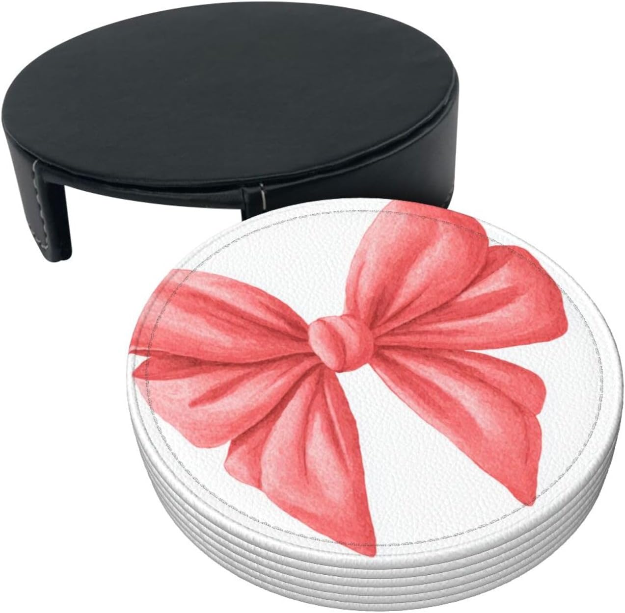 Watercolor Cute Bow Light Red and Pink Premium Leather Coasters, Set of 6 with Holder, Stylish Beverage Coasters for Kitchen Coffee Bar