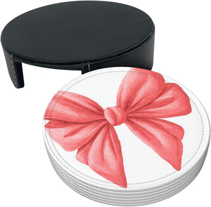 Watercolor Cute Bow Light Red and Pink Premium Leather Coasters, Set of 6 with Holder, Stylish Beverage Coasters for Kitchen Coffee Bar