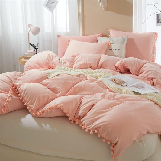 IHOUSTRIY Duvet Cover Full Size,100% Washed Microfiber 3pcs Bedding Duvet Cover Set, Pom Poms Fringe Solid Color Soft and Breathable with Zipper Closure & Corner Ties (Peach Pink, Full)
