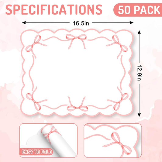 JarThenaAMCS 50 Sheets Pink Bow Paper Placemat Scalloped Bowknot Place Mat Cute Disposable Table Mat for Bachelorette Party Dinner Table, 16.5 x 12.9 Inch