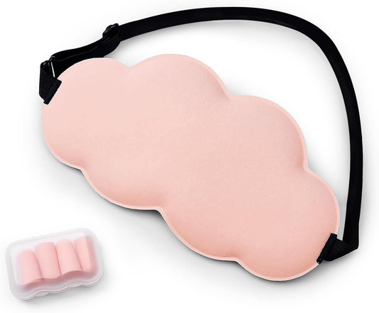 Soft Cloud Shaped 3D Sleep Mask with 4 Earplugs, Lightweight Light-Blocking Eye Mask for Side Sleepers Travel Meditation, Adjustable Elastic Strap Sleeping Mask (Pink)