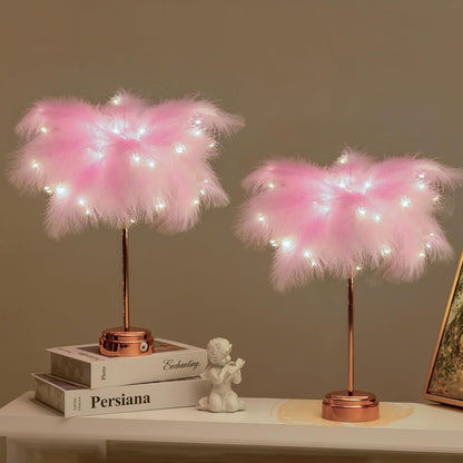 BDUSXYZ Pink Feather Lamp - LED Atmosphere Feather Night Lights Bedside Lamps for Mother, Girlfriend Home Girl Room Wedding Decoration (2PCS)