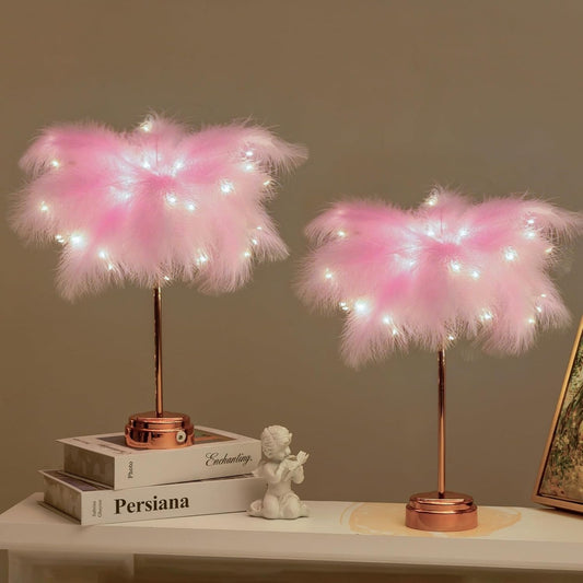 BDUSXYZ Pink Feather Lamp - LED Atmosphere Feather Night Lights Bedside Lamps for Mother, Girlfriend Home Girl Room Wedding Decoration (2PCS)