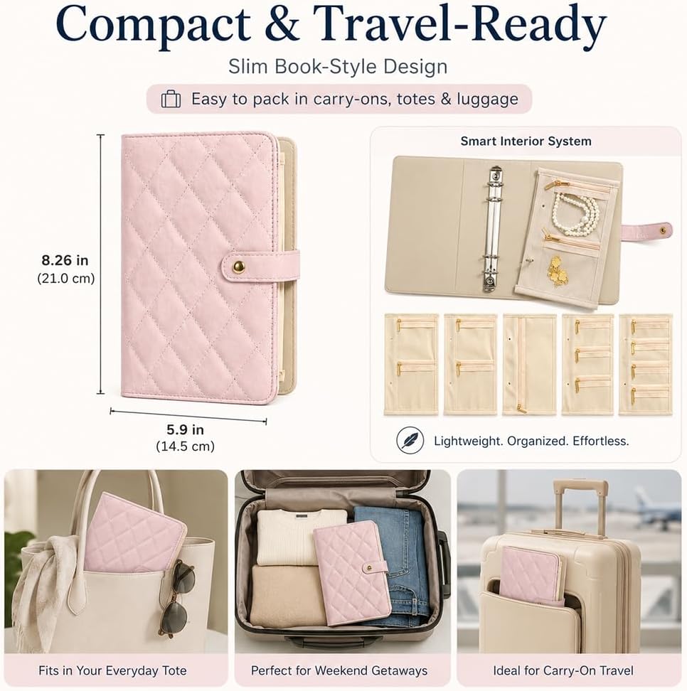 Travel Jewelry Notebook, Portable Jewelry Travel Case with 5 Detachable Velvet Zipper Pouches, Faux Leather Binder for Rings, Earrings, Necklaces (Light pink,2PCS)