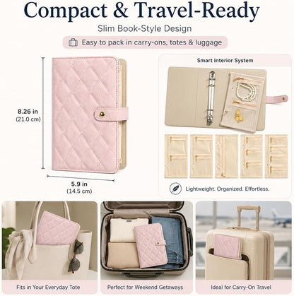 Travel Jewelry Notebook, Portable Jewelry Travel Case with 5 Detachable Velvet Zipper Pouches, Faux Leather Binder for Rings, Earrings, Necklaces (Light pink,2PCS)