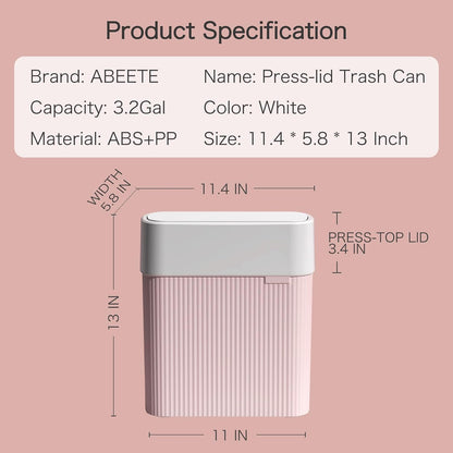 Bathroom Trash Can with Lid, 12L Small Plastic Garbage Can for Kitchen with Press Top Lid, 3.2 Gallon Slim Dog Proof Wastebasket Trash Bin for Office, Bedroom, Living Room, Home Cabinet-Pink