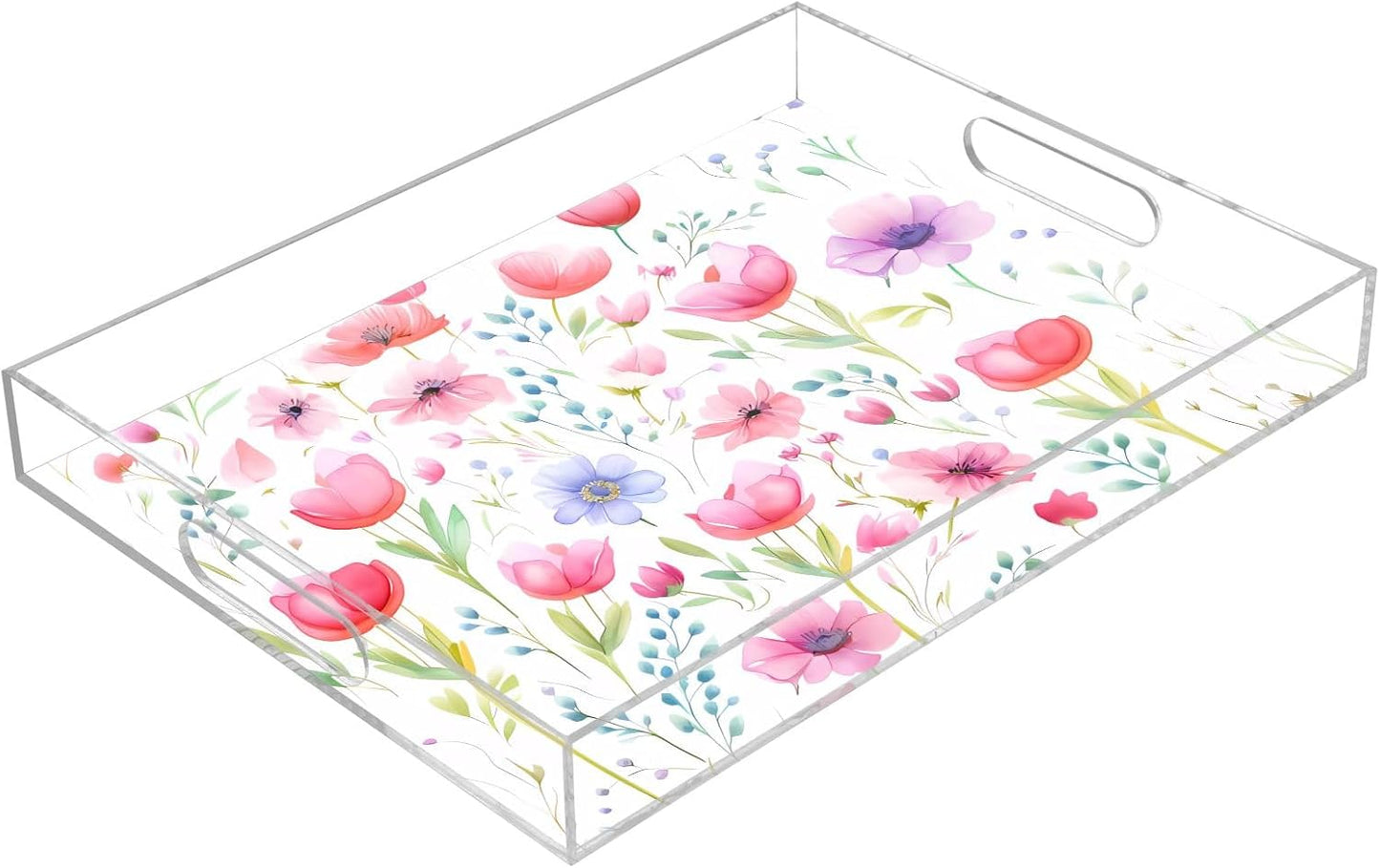 Plastic Food Serving Tray Decorative Vanity Trays for Bathroom Wildflowers Pink Coffee Table Kitchen Counter 11.8 * 15.7in