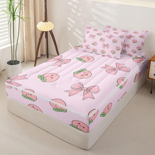 Erosebridal Bowknot Zipper Comforter Set Queen Peach Bedding Set Cute Cartoon Peaches Kawaii Pink Bow Bed in a Bag Fruit Princess Ribbon Bowtie Zippered Quilt Fitted Sheet,2 Pillowcases