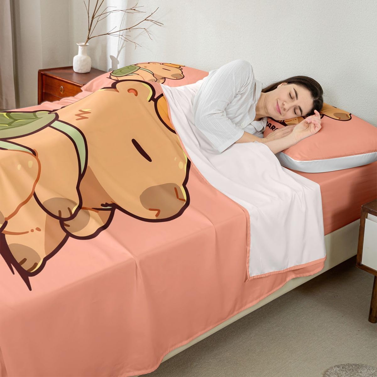Manfei Cartoon Capybara Bed Sheet Turtle Shell Kawaii Bedding Sets (1 Fitted,1 Flat,2 Pillowcases) Lazy Cute Animal Luxury Deep Pocket Bed Sheets Kids Boys Girls Queen Peach Pink