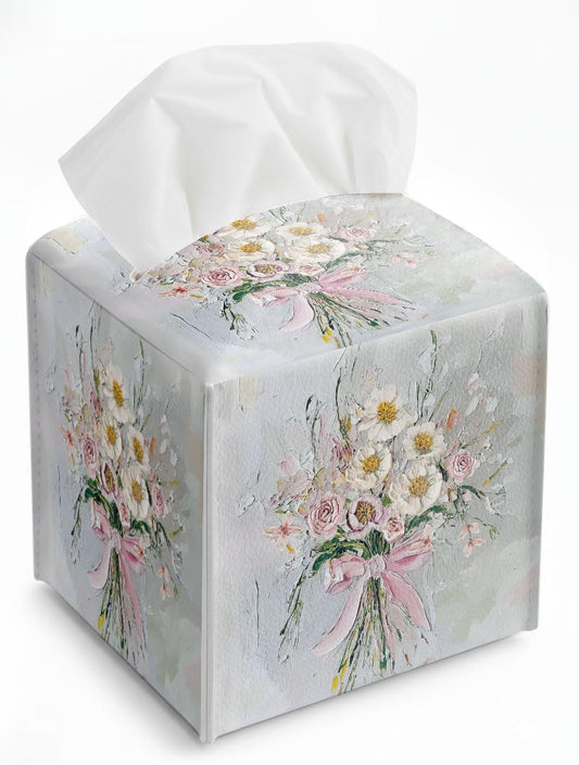 Vintage Pink Bow Flower Bouquet Napkin Tissue Box Cover, Waterproof Leather Paper Organizer Dispenser, Vintage Oil Painting Pink Decor for Table, Bathroom, Bedroom, Kitchen, Housewarming Gift Idea, L