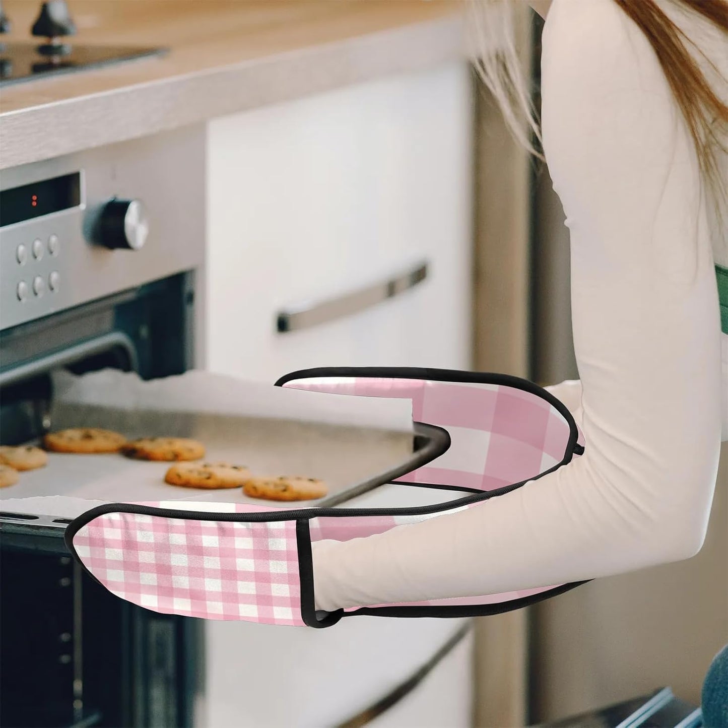 Gingham Pink Double Oven Mitts Heat Resistant BBQ Mittens with Hanging Loop Kitchen Mittens Kitchen Glove for Cooking Baking Grilling