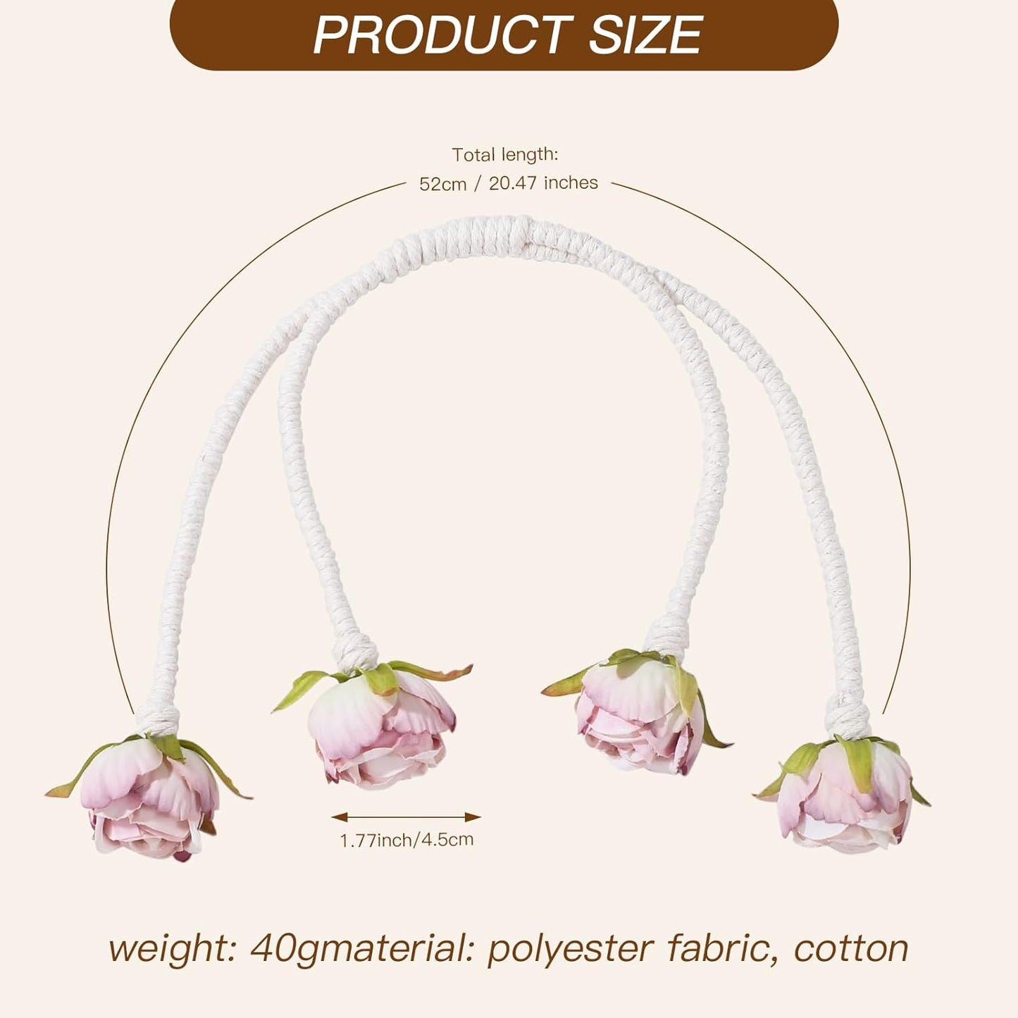 Decorative Pink Rose Curtain Tieback with Artificial Flowers, Pink Roses on White Twisted Rope, Woven Rope Curtain Holdbacks, Elegant Window Treatment 2pcs (2)