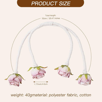 Decorative Rose Curtain Tieback with Artificial Flowers, Pink Roses on White Twisted Rope, Decorative Curtain Accessories, Elegant Window Treatment 4pcs (4)