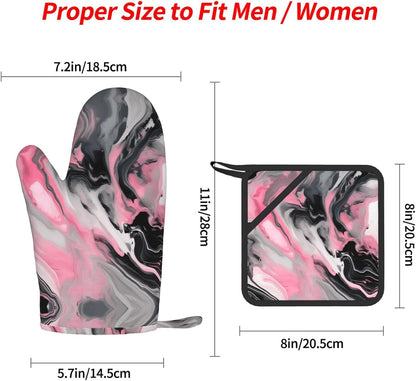 Pink Abstract Ink Marble Gray Artistic Print Oven Mitts and Pot Holders 4-Piece Set Heat Resistant Baking Gloves Silicone Kitchen Gloves