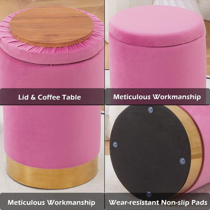 Velvet Storage Ottoman Multipurpose Footrest Stool with Metal Base Modern Round Vanity Stool Chair Ottoman Foot Stools Support 300 lbs Padded Seat for Living Room (Rose Pink)
